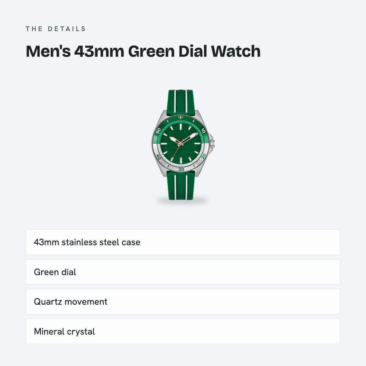 Men's 43mm Green Dial Watch, Rubber Strap, details