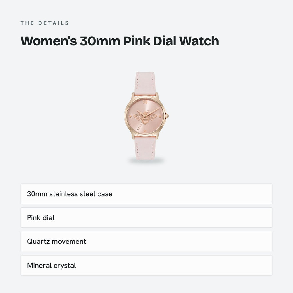 Women's 30mm Pink Dial Watch, Leather Strap, details