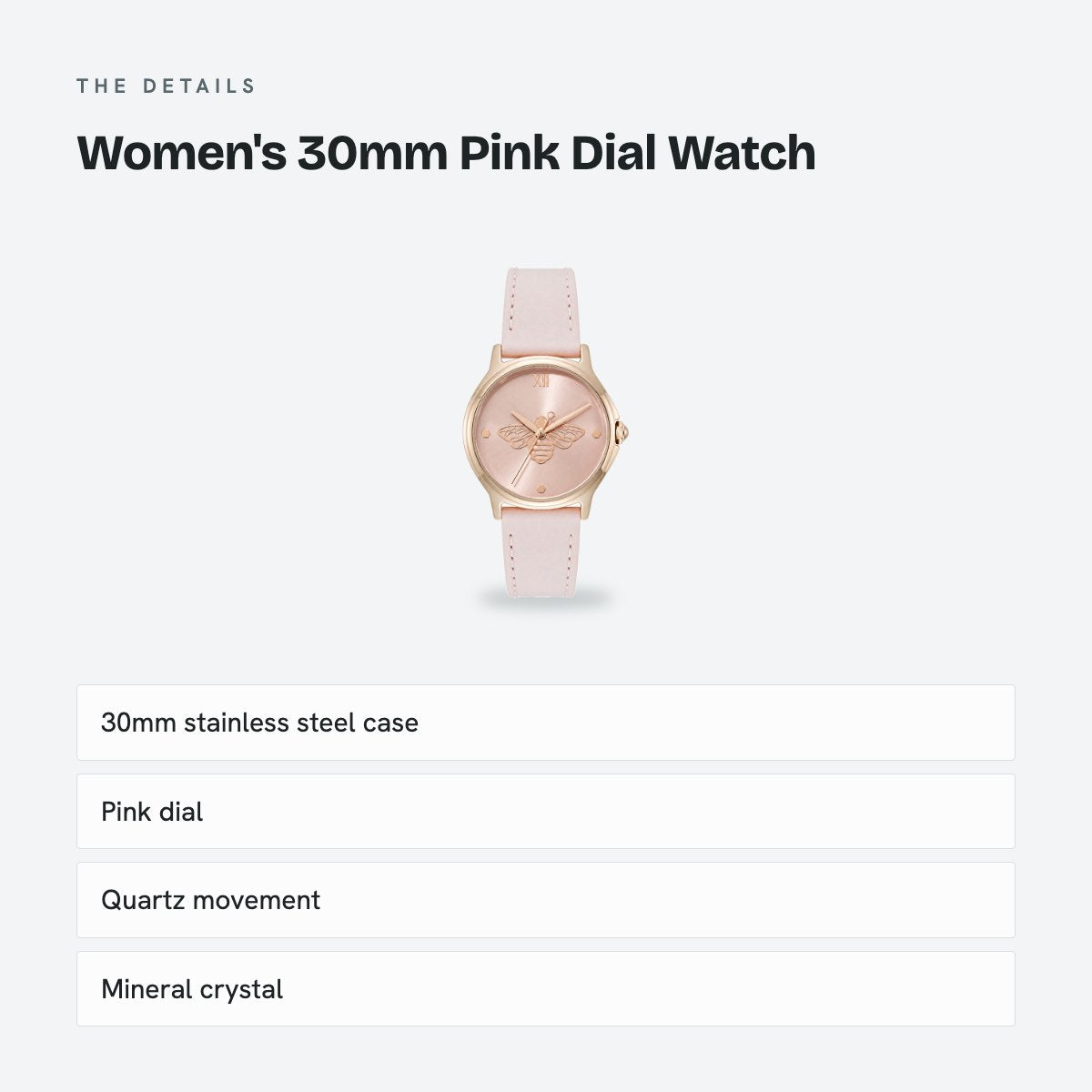 Women's 30mm Pink Dial Watch, Leather Strap, details