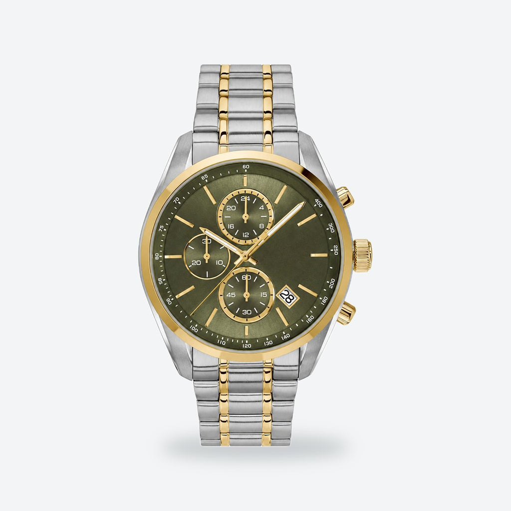 Men's 44mm Blue Dial Chronograph Watch, Steel Bracelet, Style 2, Green dial / Two-tone