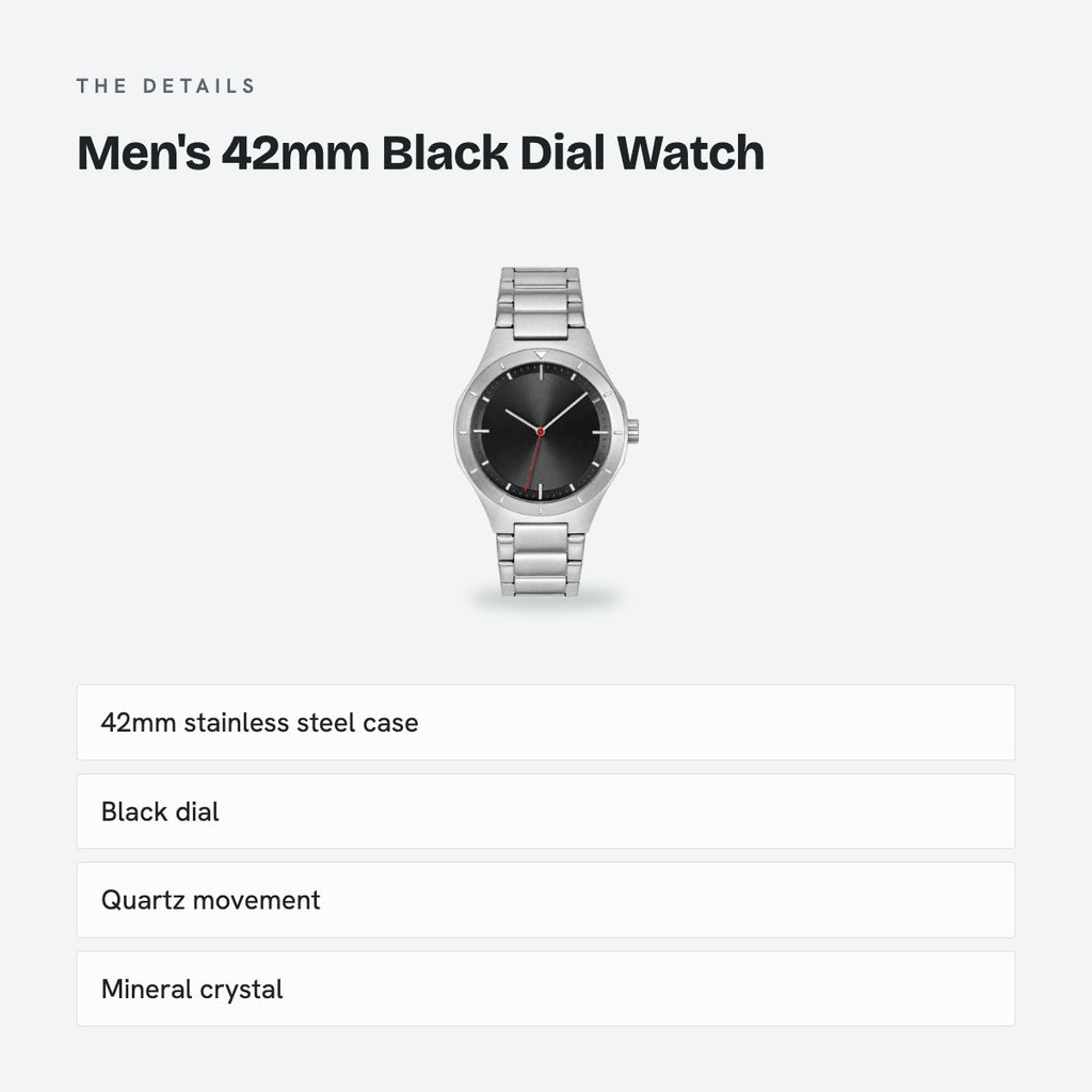 Men's 42mm Black Dial Watch, Steel Bracelet, details