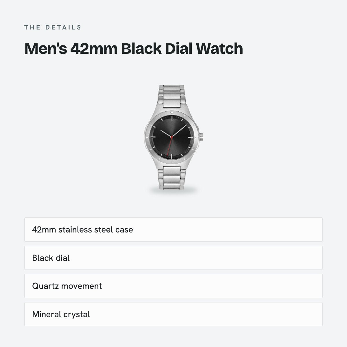 Men's 42mm Black Dial Watch, Steel Bracelet, details