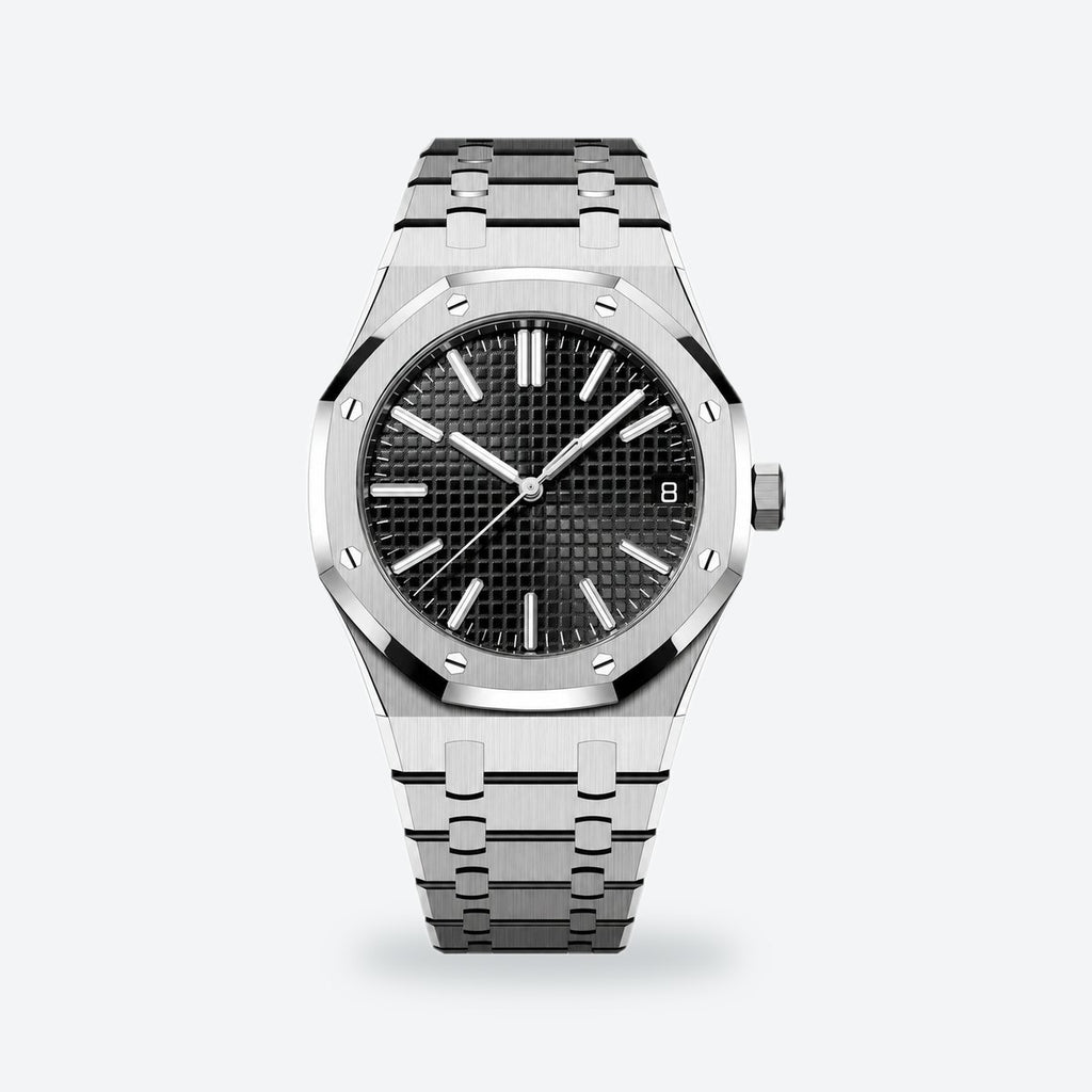 Men's 41mm Automatic Steel Watch, Octagonal Bezel, Blue Dial, Black dial