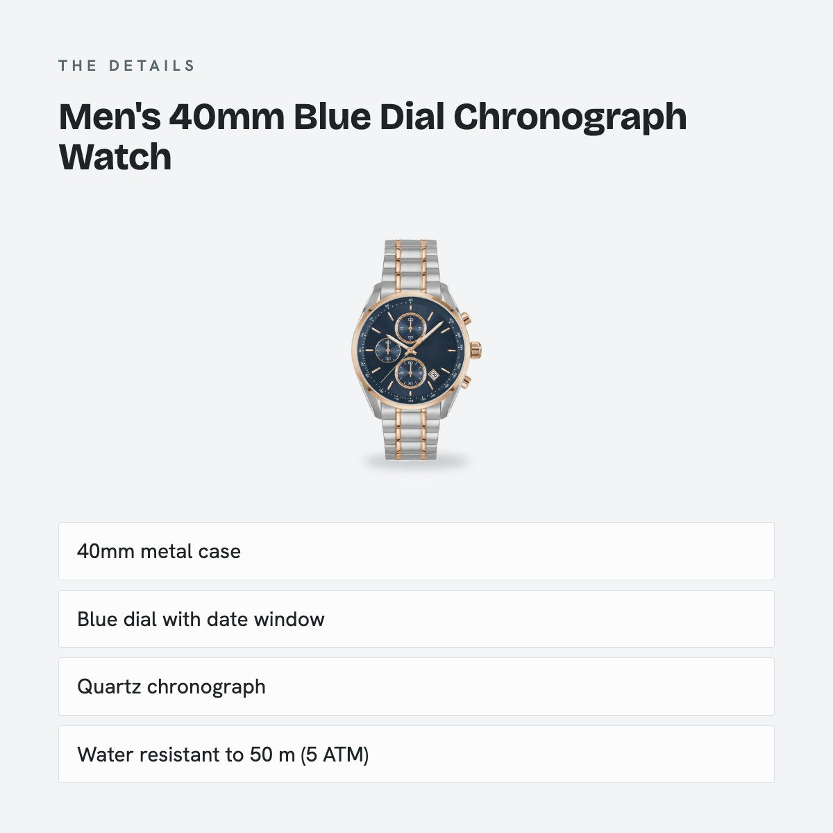 Men's 40mm Blue Dial Chronograph Watch, details