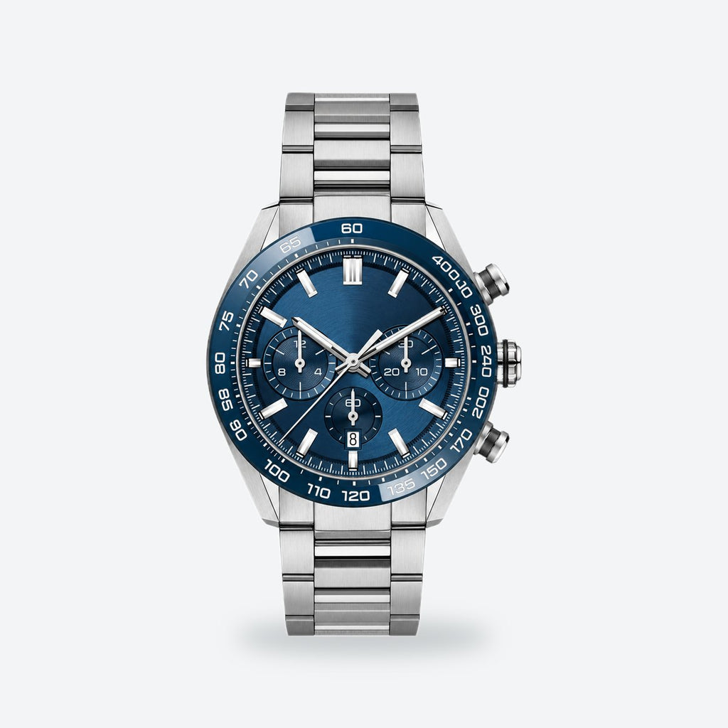 Men's 44mm Blue Dial Chronograph Watch, Steel Bracelet, Style 3, Blue dial / Silver-tone