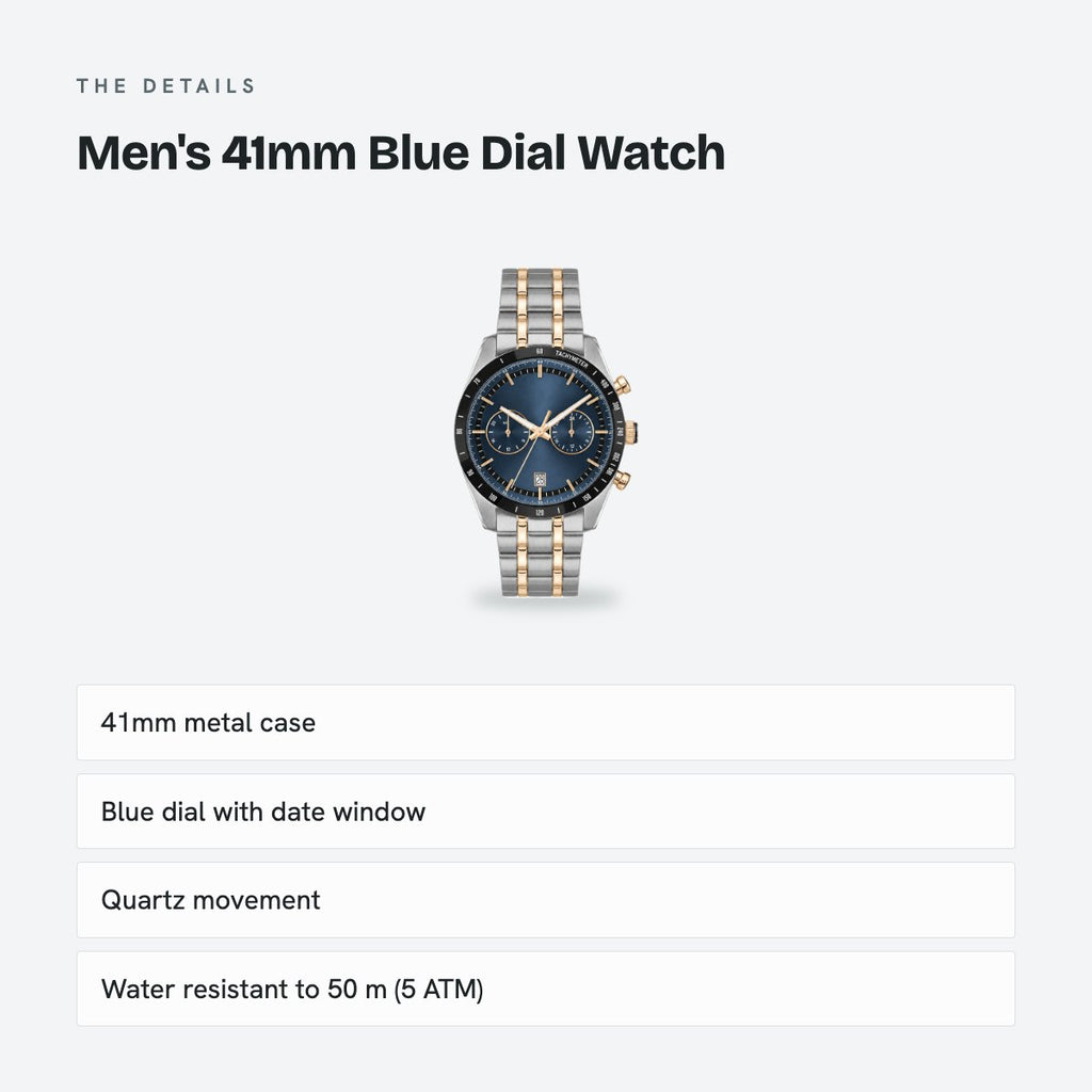 Men's 41mm Blue Dial Watch, Metal Bracelet, details