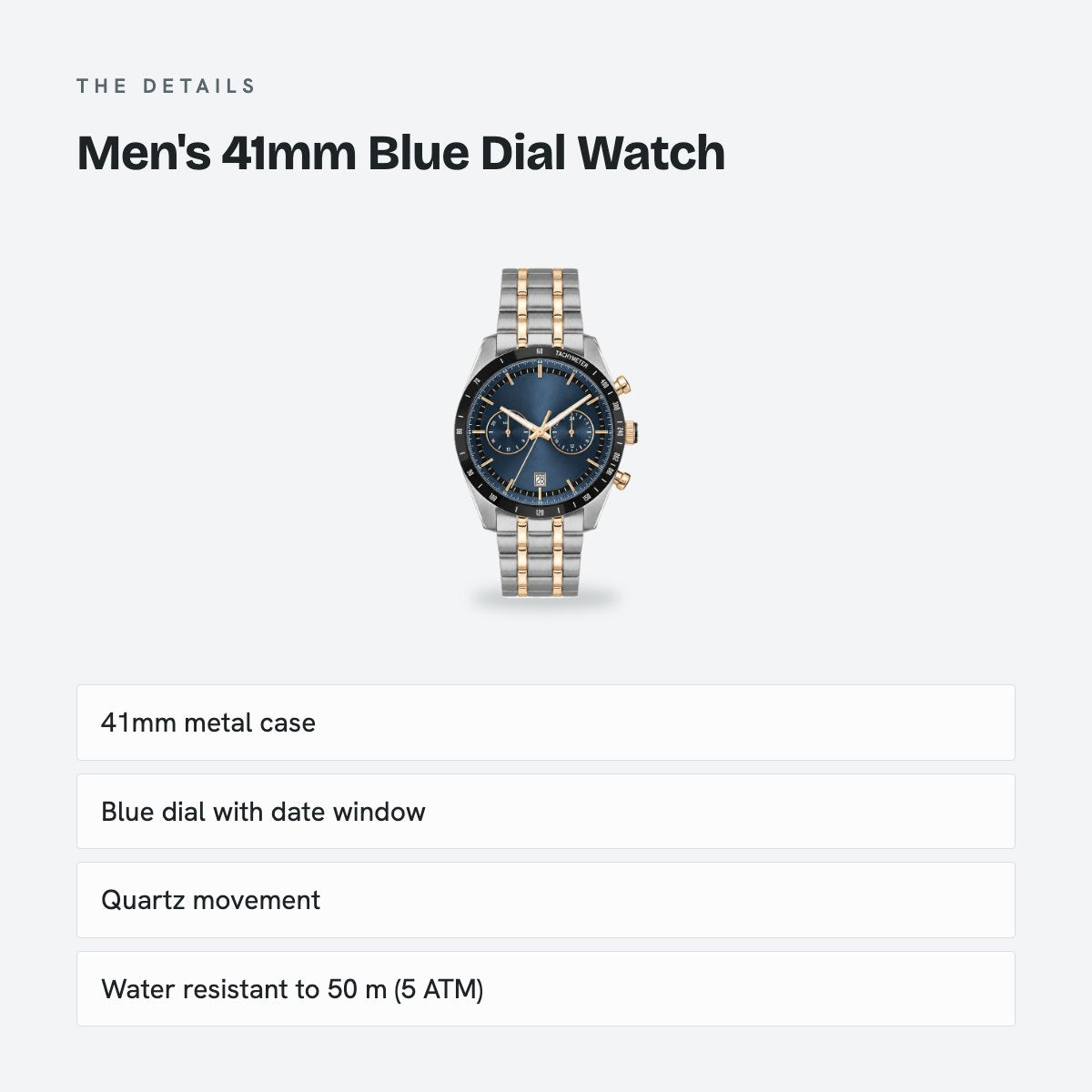Men's 41mm Blue Dial Watch, Metal Bracelet, details