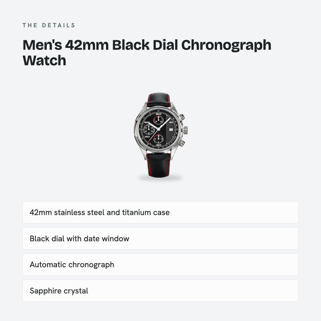 Men's 42mm Black Dial Chronograph Watch, Leather Strap, details