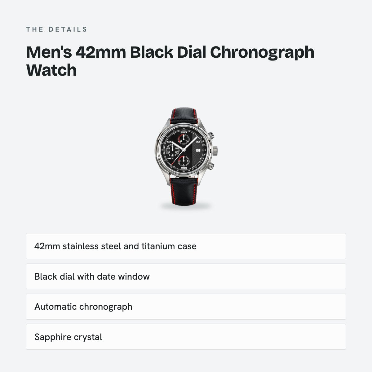 Men's 42mm Black Dial Chronograph Watch, Leather Strap, details
