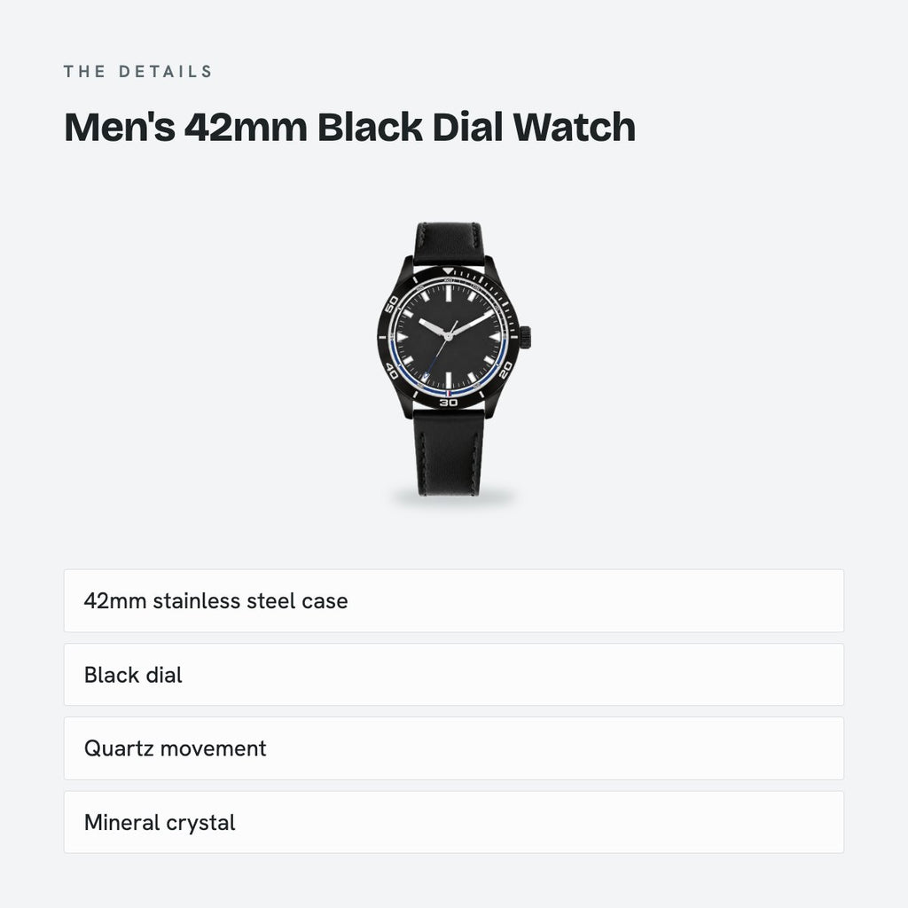 Men's 42mm Black Dial Watch, Leather Strap, details
