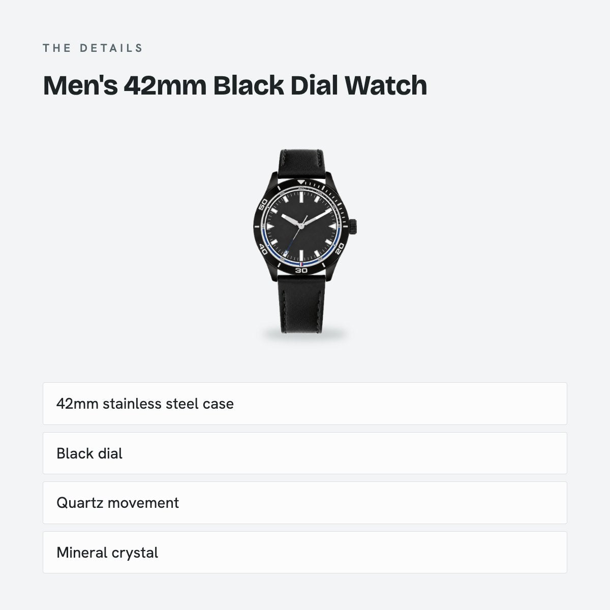 Men's 42mm Black Dial Watch, Leather Strap, details