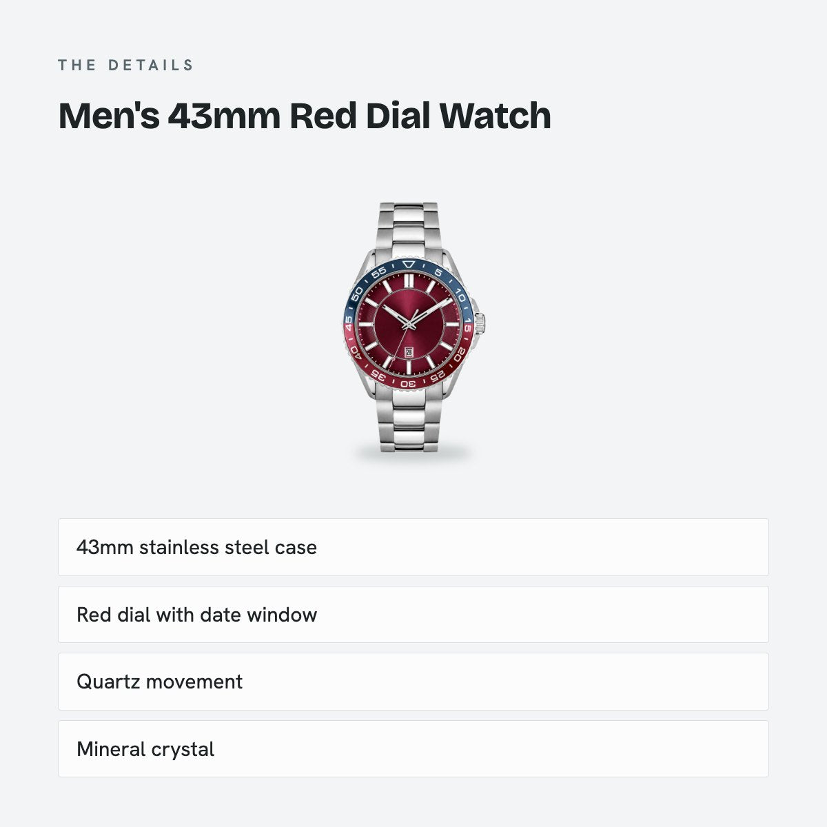 Men's 43mm Red Dial Watch, details