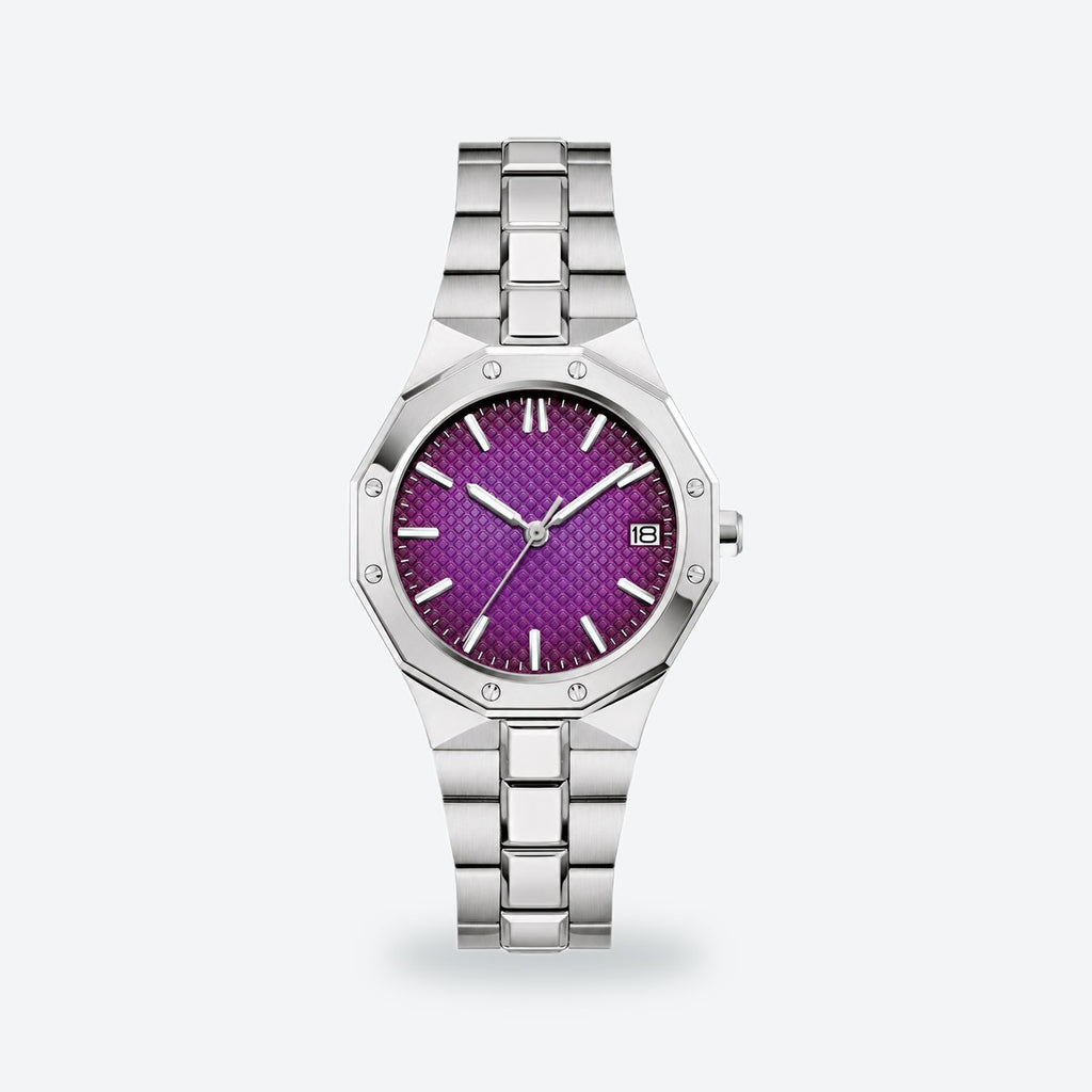 Women's 32mm White Dial Watch, Steel Bracelet, Purple dial / Silver-tone