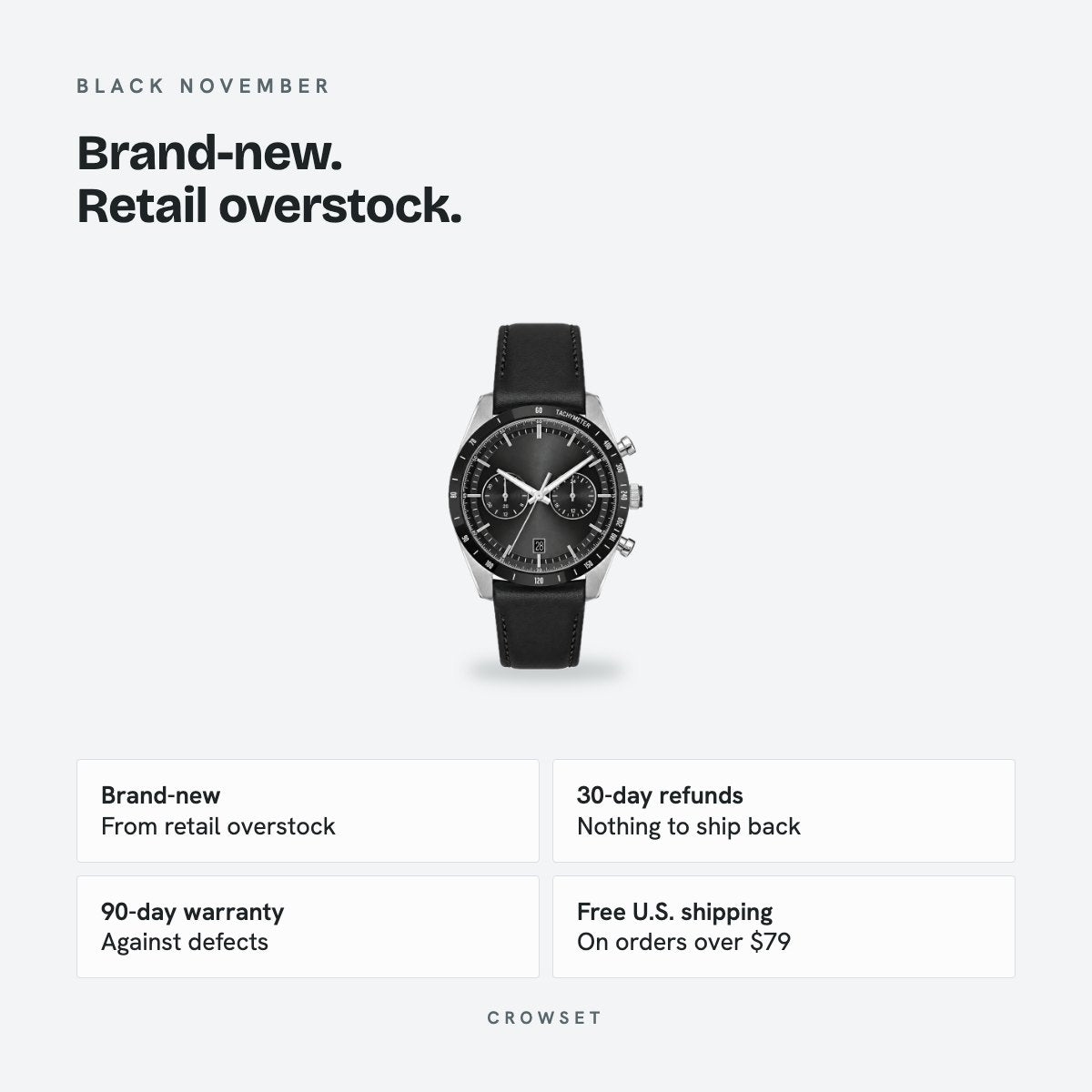 Men's 41mm Black Dial Watch, Leather Strap, details