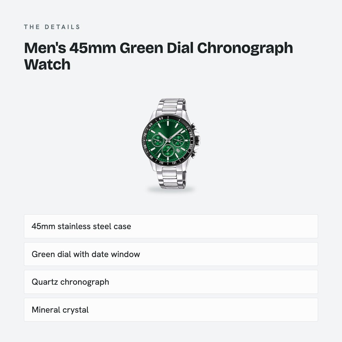 Men's 45mm Green Dial Chronograph Watch, details