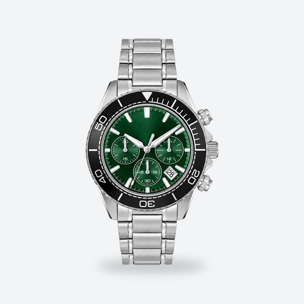 Men's 44mm Black Dial Chronograph Watch, Green dial / Silver-tone