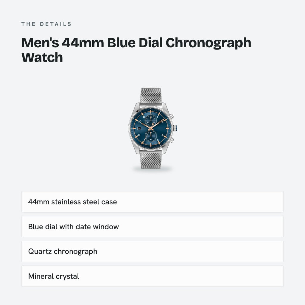 Men's 44mm Blue Dial Chronograph Watch, Steel Bracelet, Silver-Tone, details