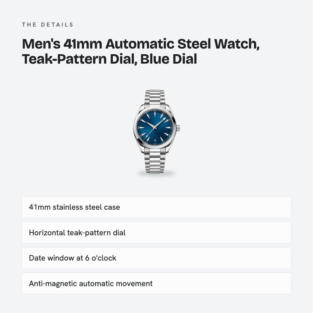 Men's 41mm Automatic Steel Watch, Teak-Pattern Dial, Blue Dial, details