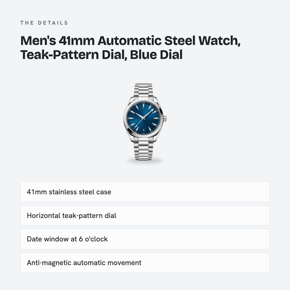 Men's 41mm Automatic Steel Watch, Teak-Pattern Dial, Blue Dial, details