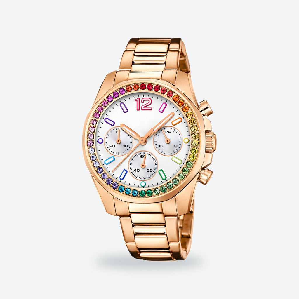 Women's 38mm Silver Dial Chronograph Watch, Steel Bracelet, Gold-Tone, photo