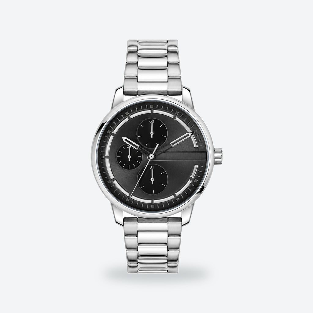 Men's 44mm Black Dial Watch, Metal Bracelet, Black dial / Silver-tone