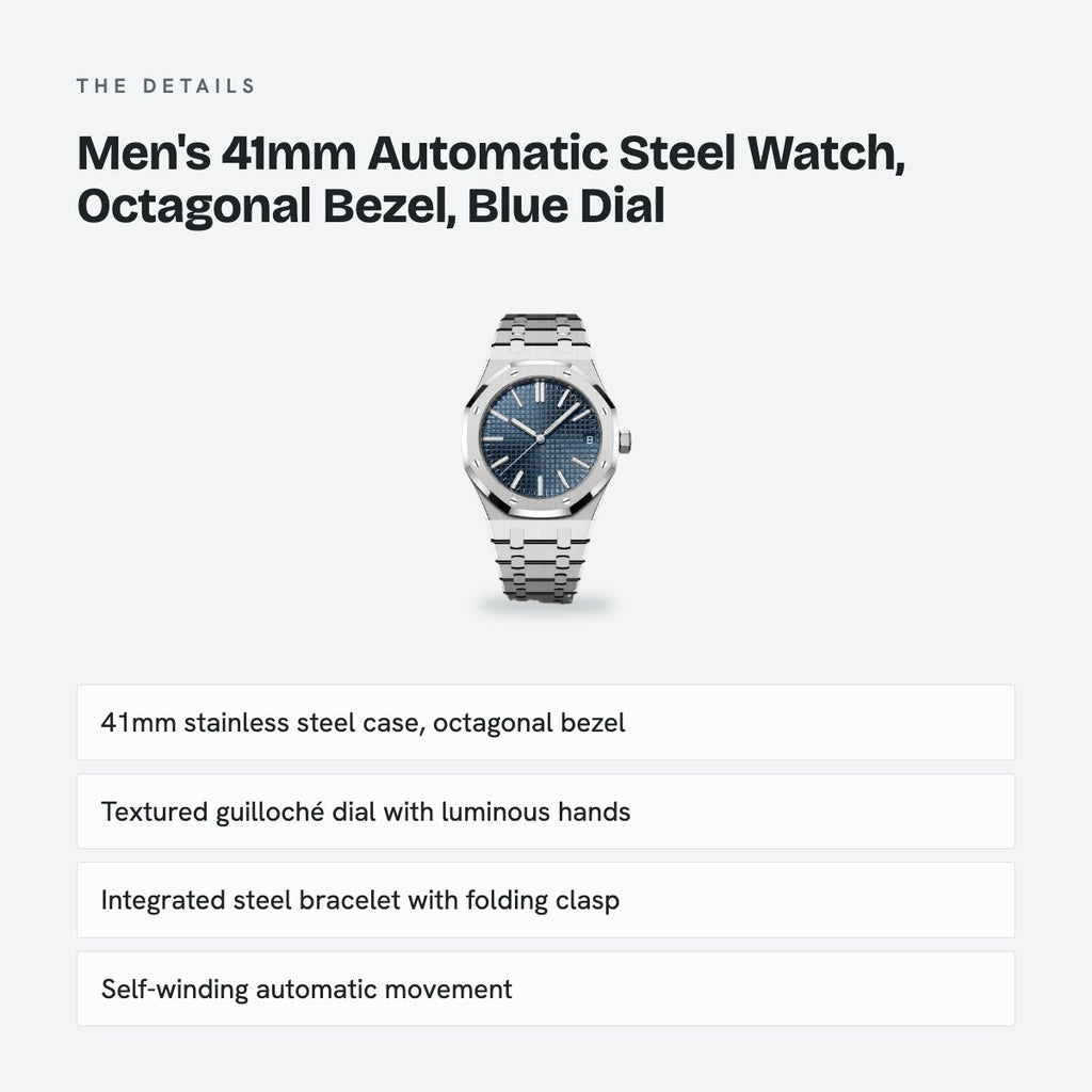 Men's 41mm Automatic Steel Watch, Octagonal Bezel, Blue Dial, details