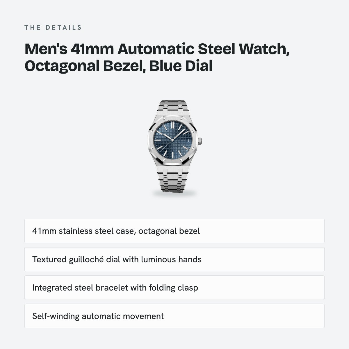 Men's 41mm Automatic Steel Watch, Octagonal Bezel, Blue Dial, details