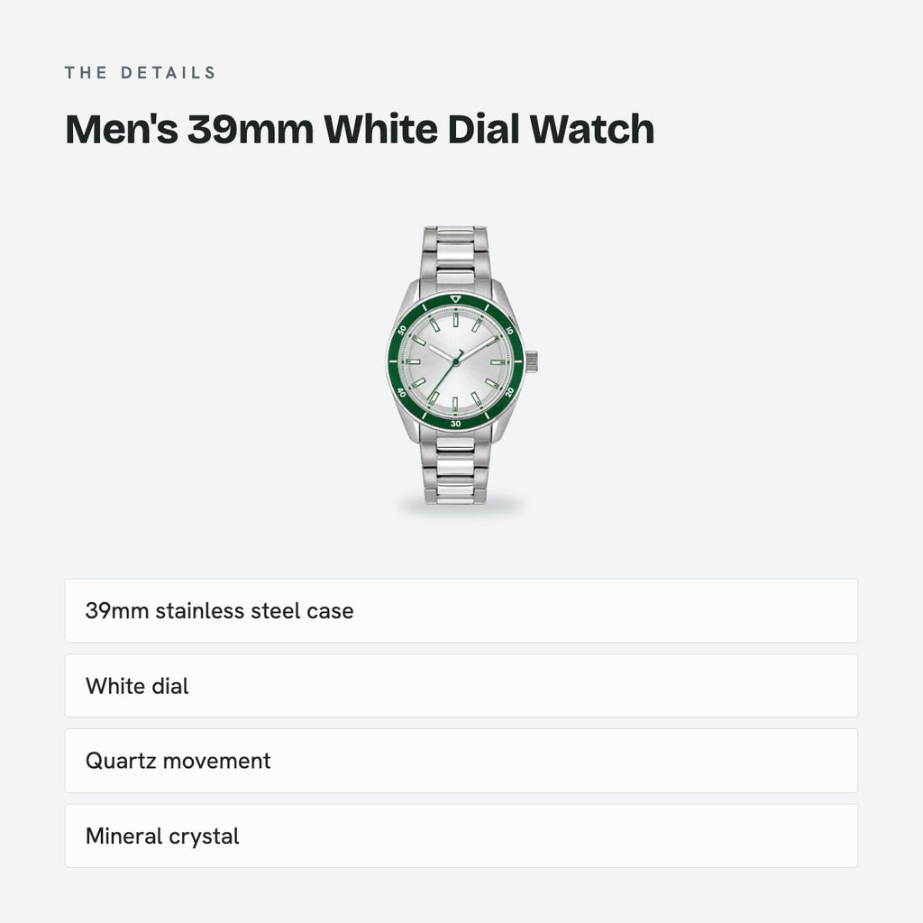 Men's 39mm White Dial Watch, Steel Bracelet, details