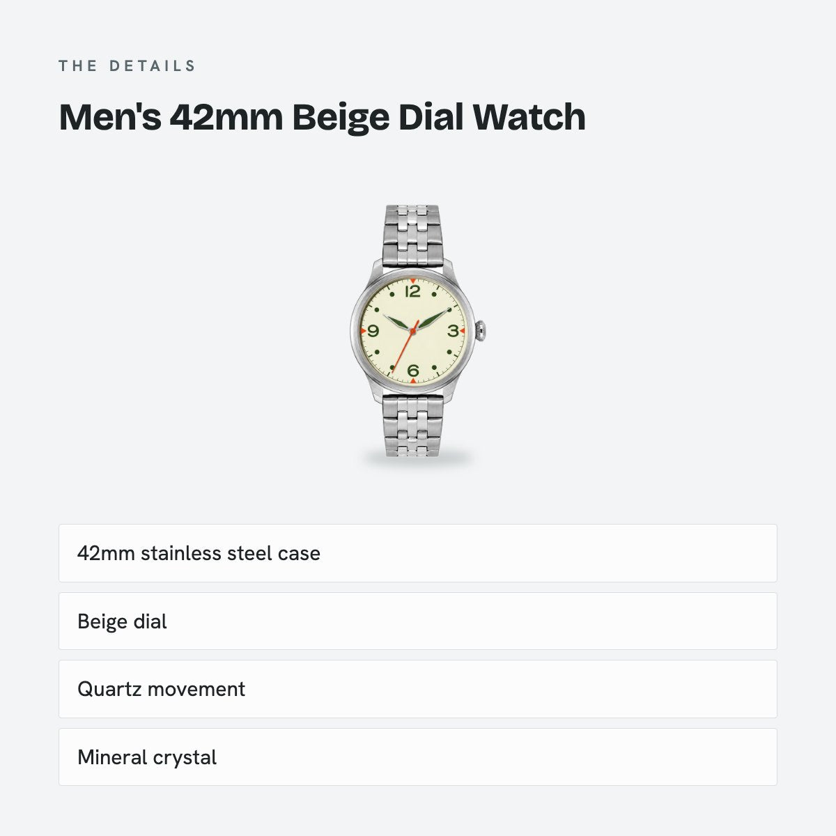 Men's 42mm Beige Dial Watch, details