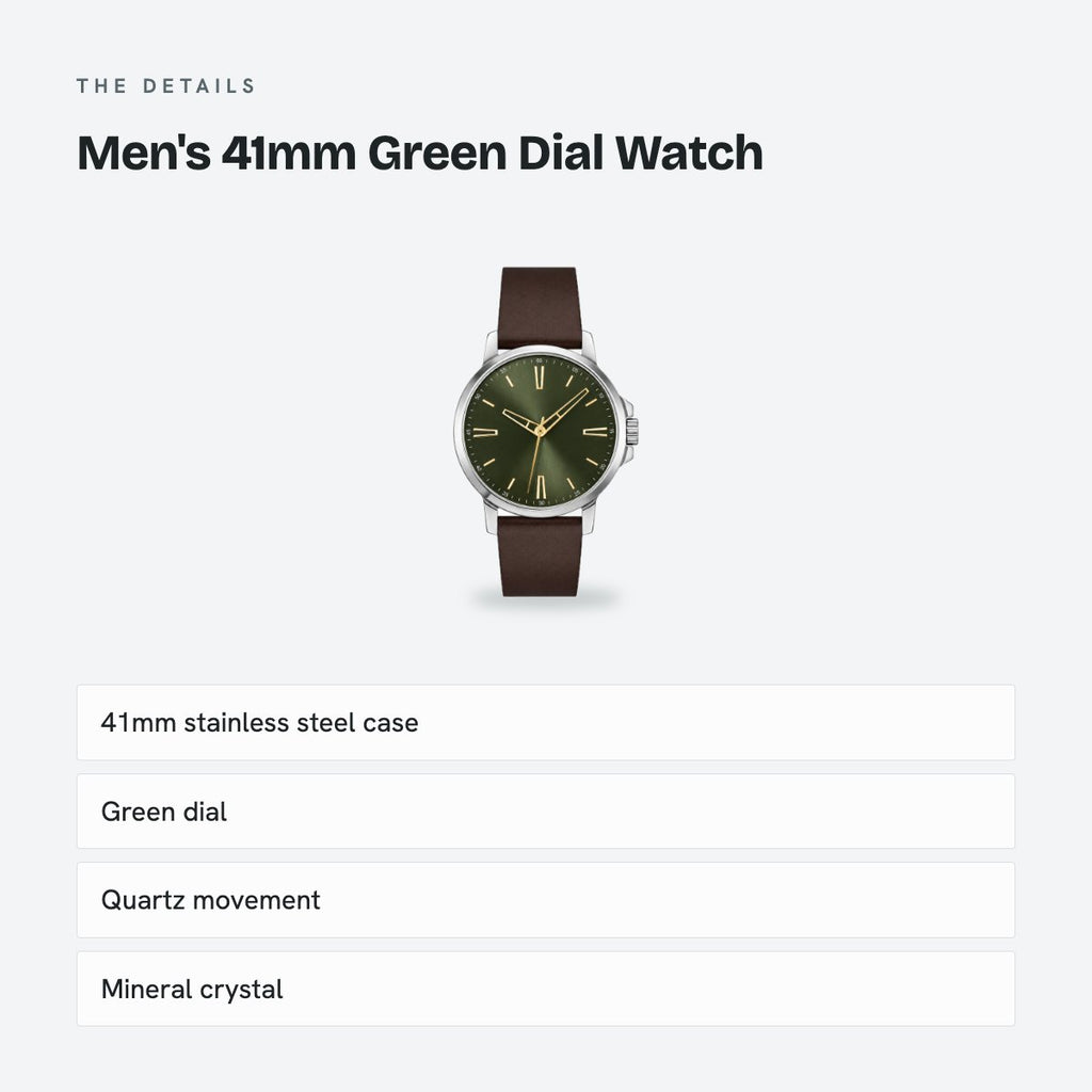 Men's 41mm Green Dial Watch, Leather Strap, details