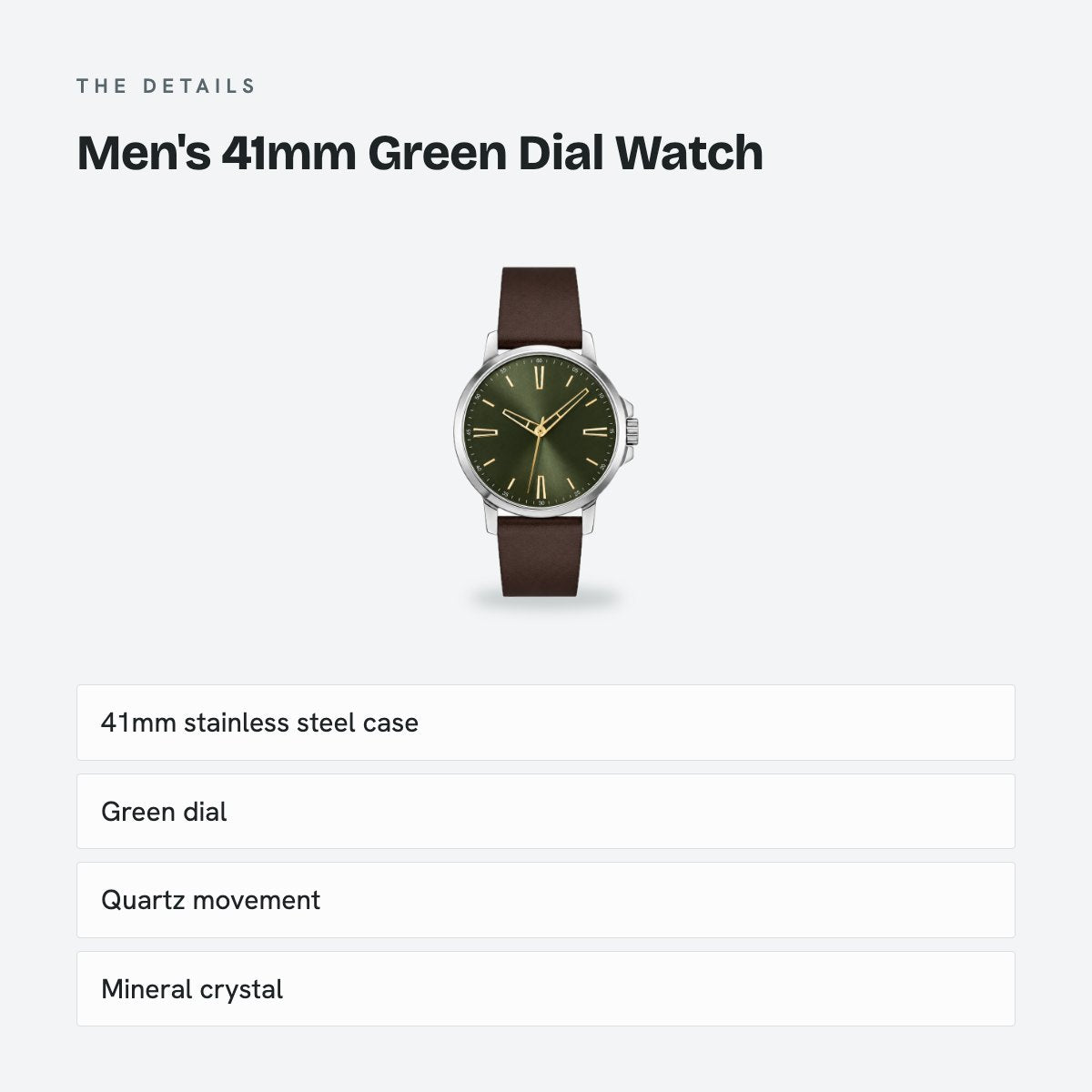 Men's 41mm Green Dial Watch, Leather Strap, details