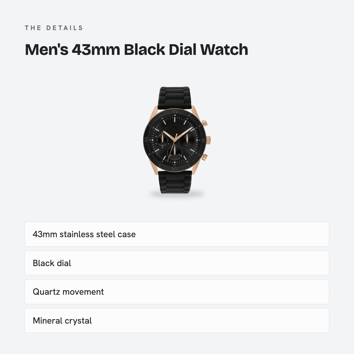 Men's 43mm Black Dial Watch, Rubber Strap, details