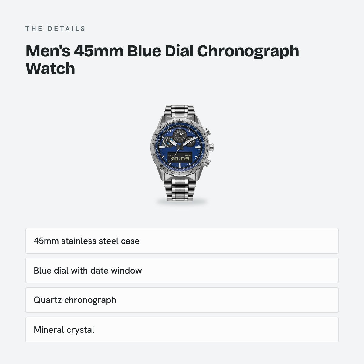 Men's 45mm Blue Dial Chronograph Watch, details