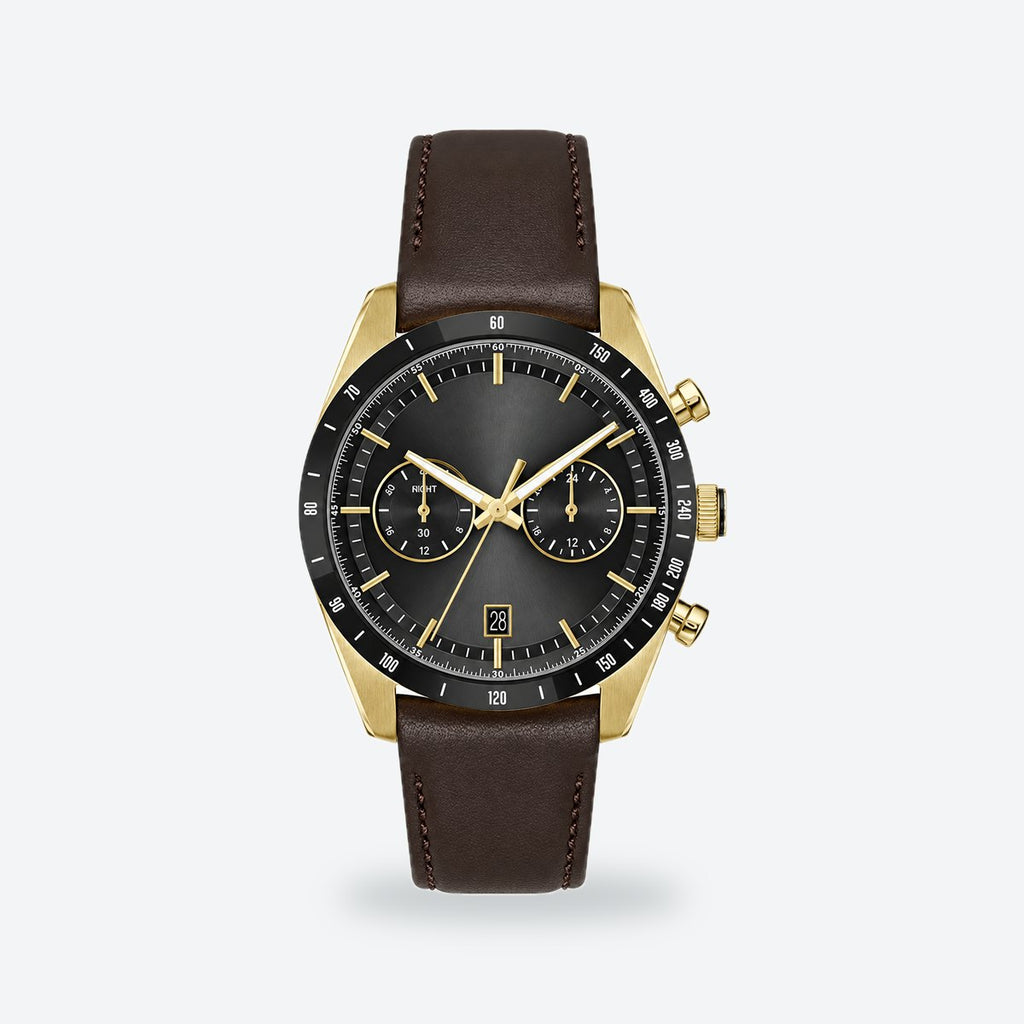 Men's 41mm Black Dial Watch, Leather Strap, Black dial / Brown