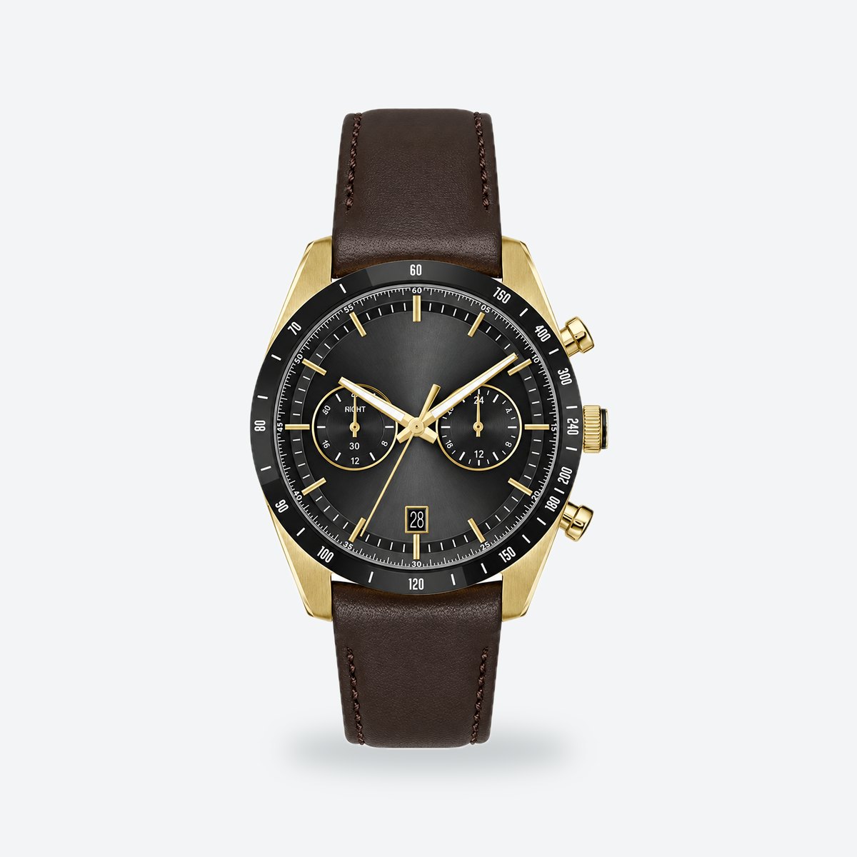 Men's 41mm Black Dial Watch, Leather Strap, Black dial / Brown