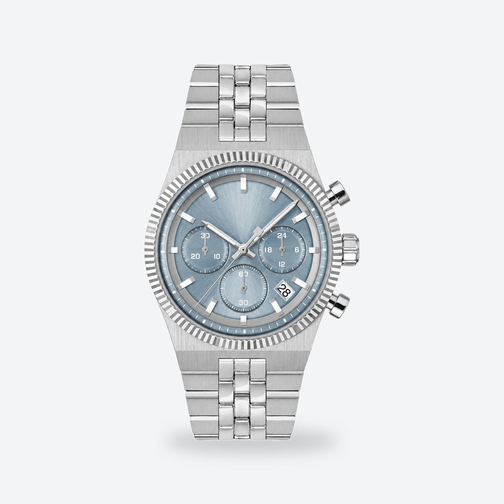 Men's 41mm Black Dial Chronograph Watch, Steel Bracelet, Style 3, Blue dial / Silver-tone