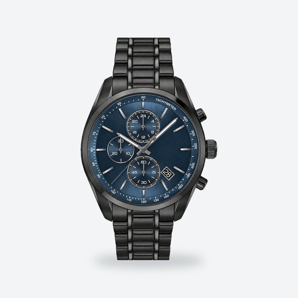 Men's 44mm Blue Dial Chronograph Watch, Steel Bracelet, Style 2, Blue dial / Black