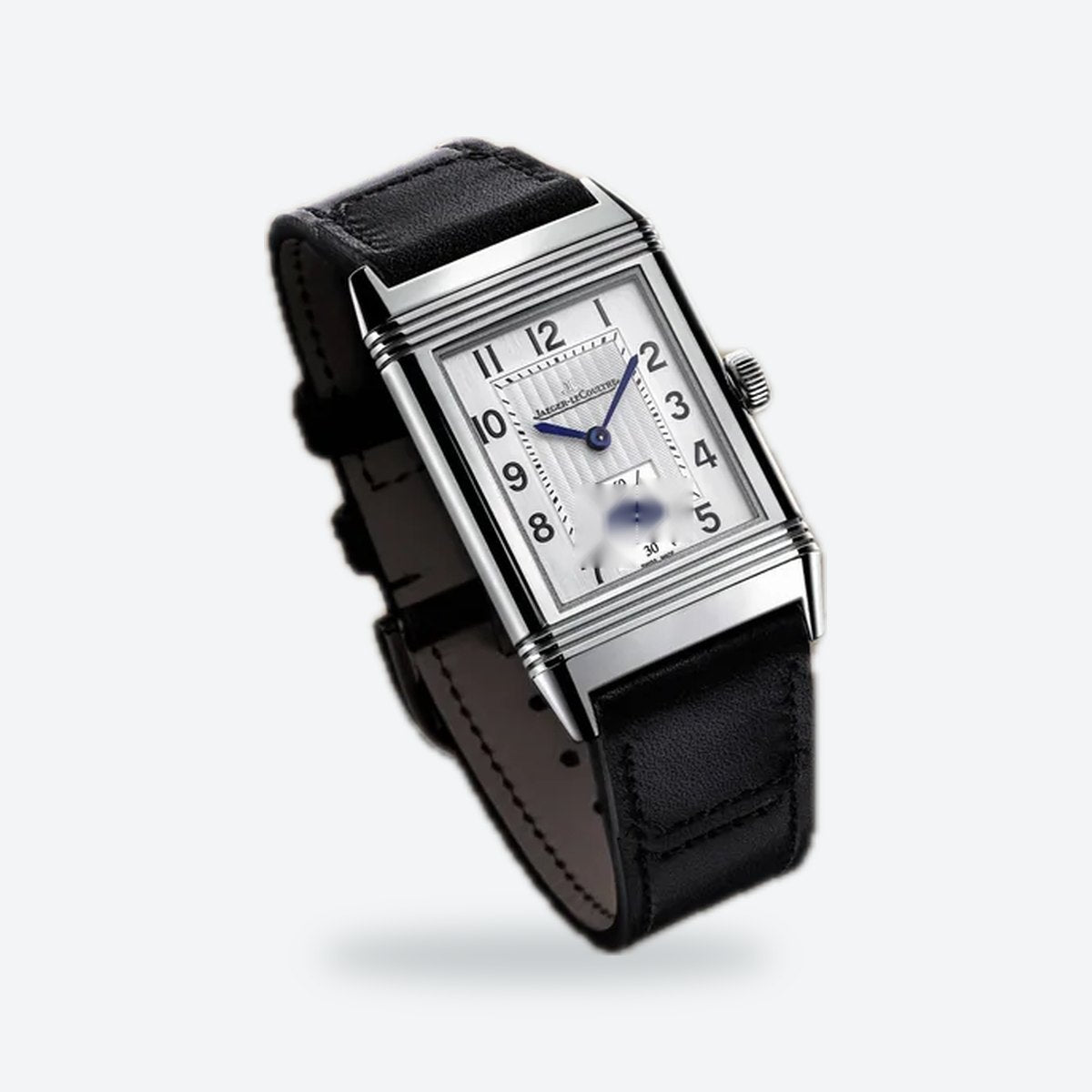 Rectangular Hand-Wound Steel Watch, Swivelling Case, Leather Strap, Silvered grey Dial, view 7