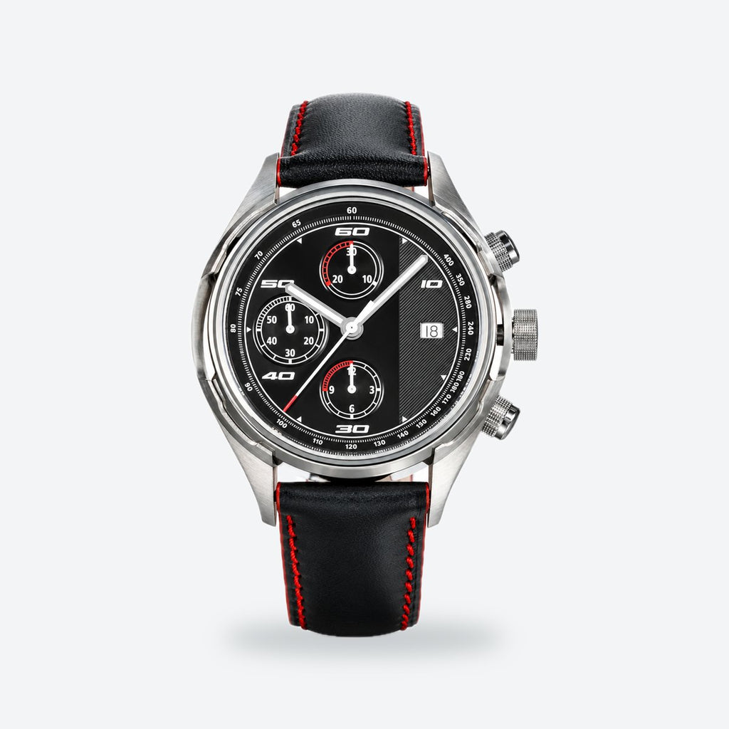 Men's 42mm Black Dial Chronograph Watch, Leather Strap, photo