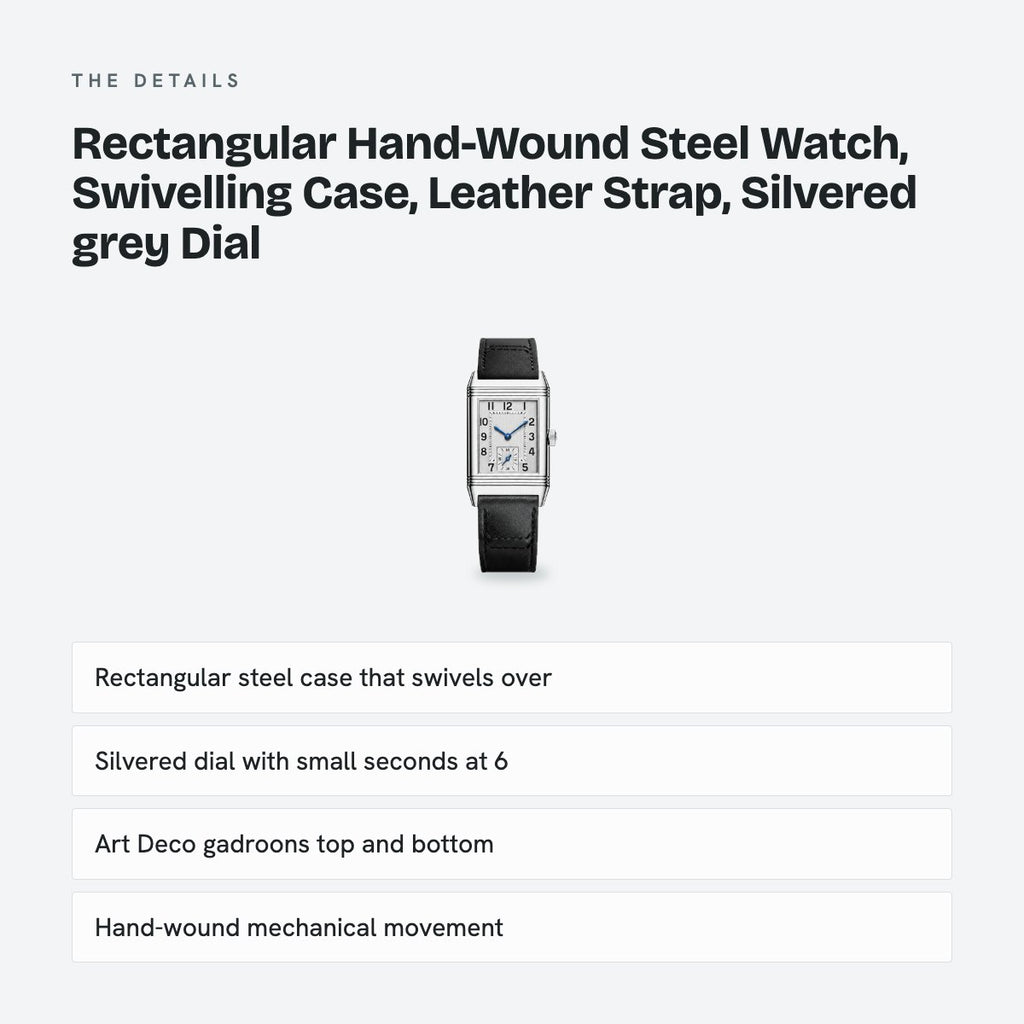 Rectangular Hand-Wound Steel Watch, Swivelling Case, Leather Strap, Silvered grey Dial, details