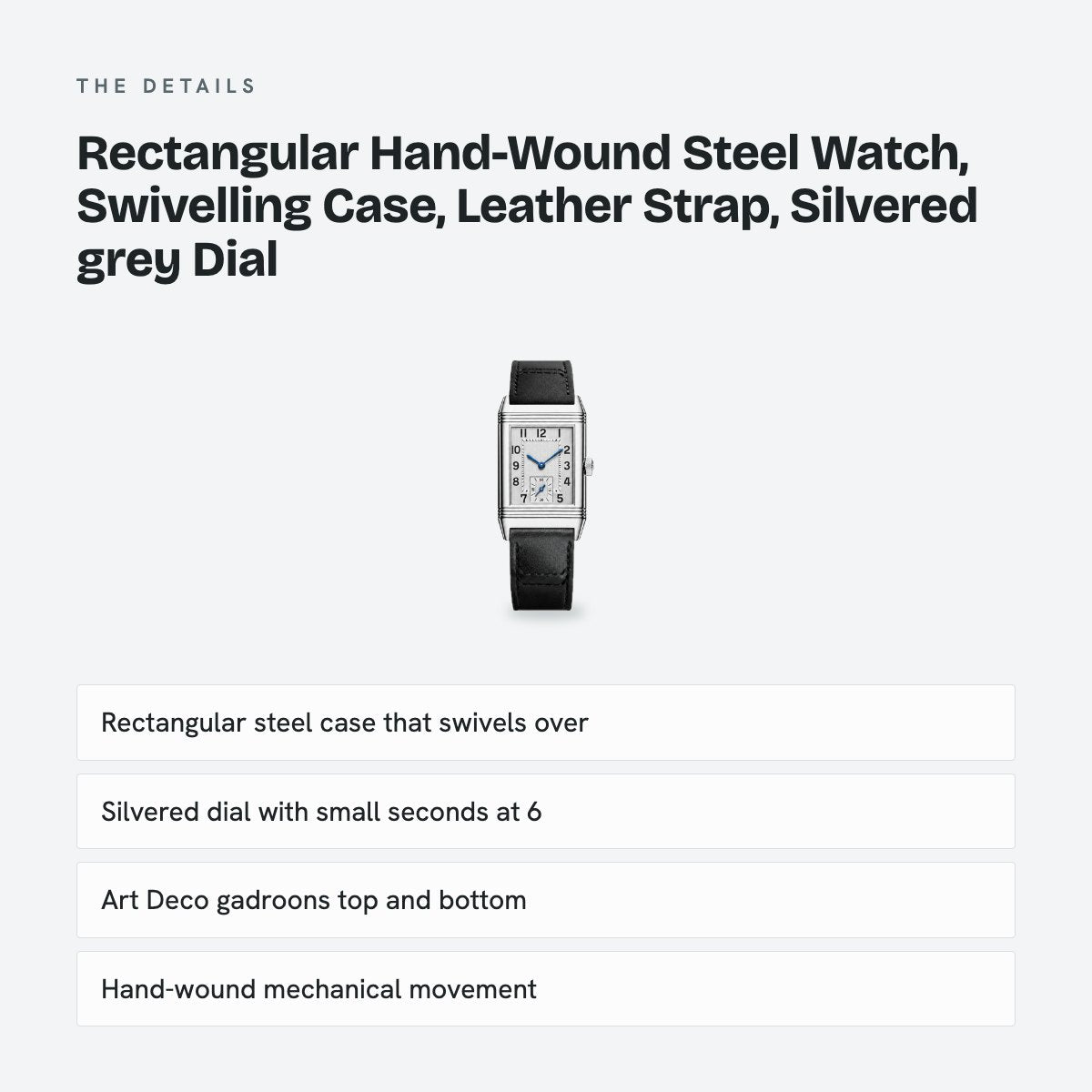 Rectangular Hand-Wound Steel Watch, Swivelling Case, Leather Strap, Silvered grey Dial, details