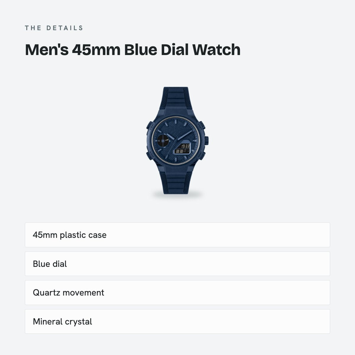 Men's 45mm Blue Dial Watch, Rubber Strap, details