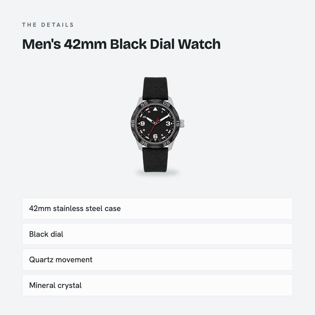 Men's 42mm Black Dial Watch, Nylon Strap, details
