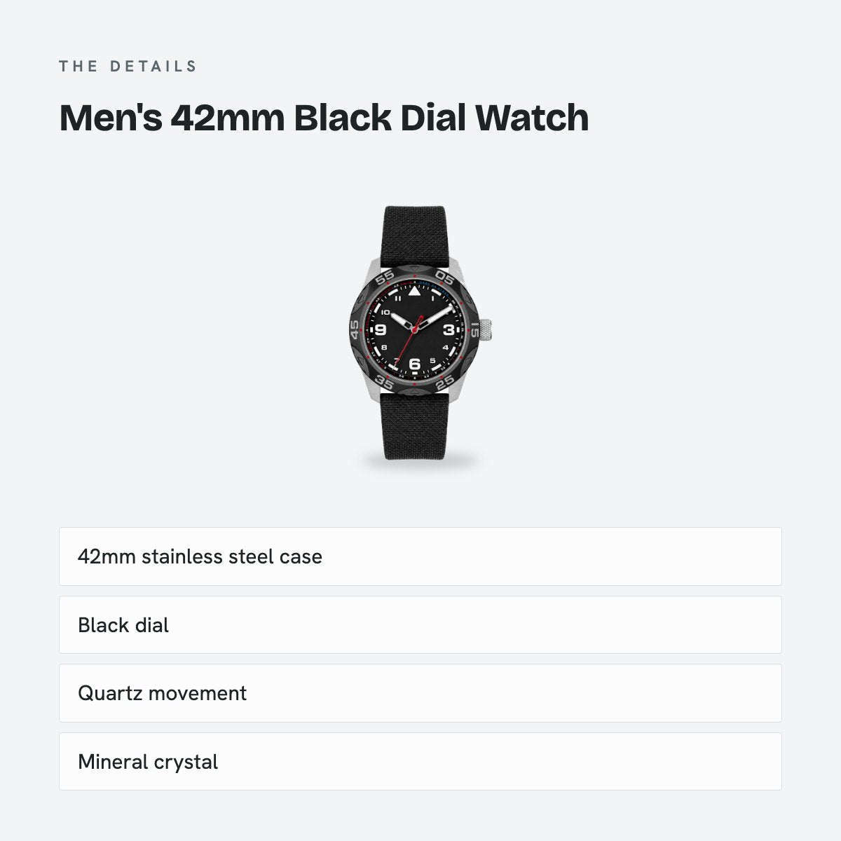 Men's 42mm Black Dial Watch, Nylon Strap, details