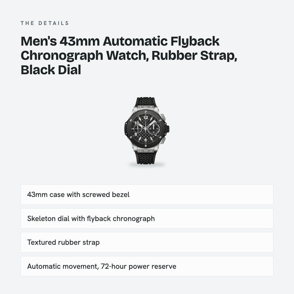Men's 43mm Automatic Flyback Chronograph Watch, Rubber Strap, Black Dial, details