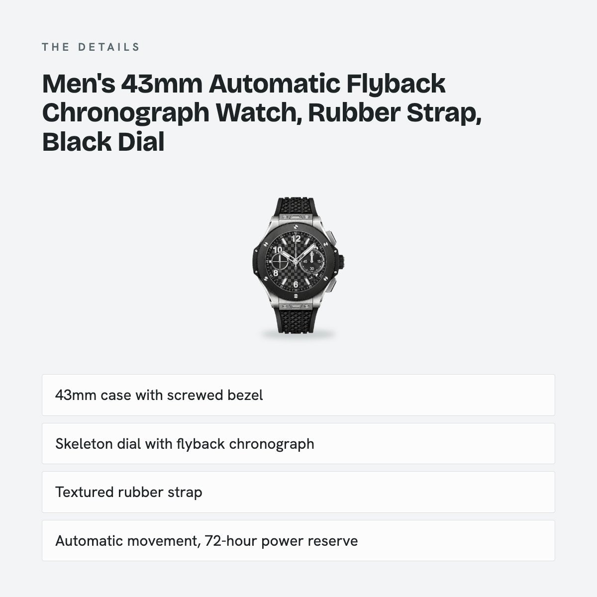 Men's 43mm Automatic Flyback Chronograph Watch, Rubber Strap, Black Dial, details