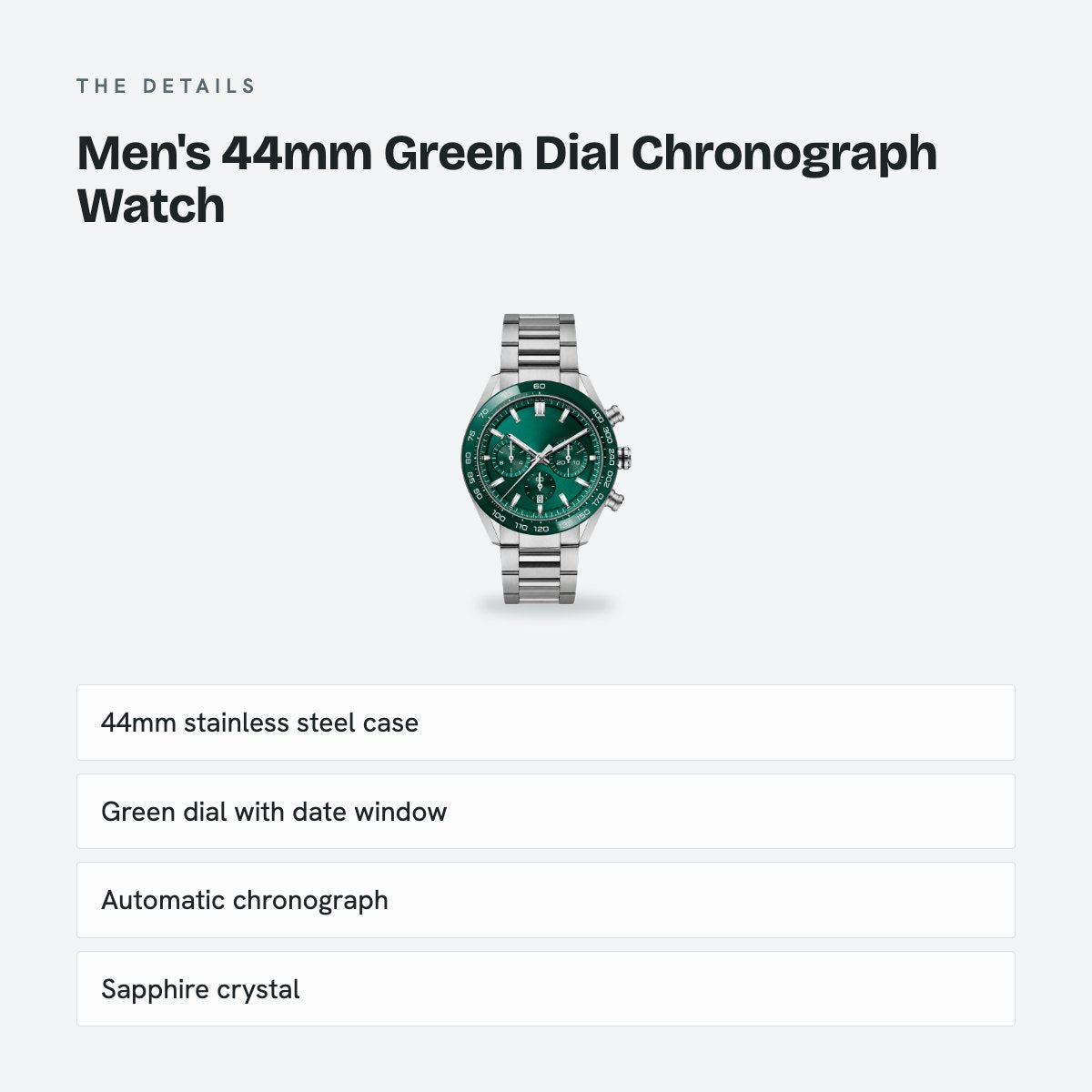 Men's 44mm Green Dial Chronograph Watch, details