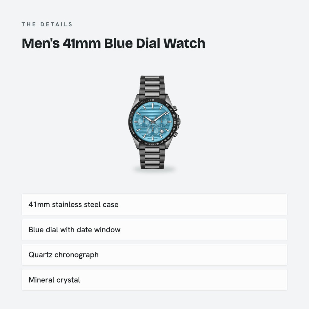 Men's 41mm Blue Dial Watch, Steel Bracelet, Style 2, details
