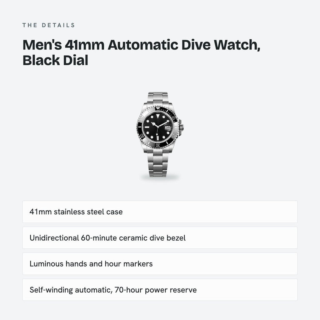 Men's 41mm Automatic Dive Watch, Black Dial, details