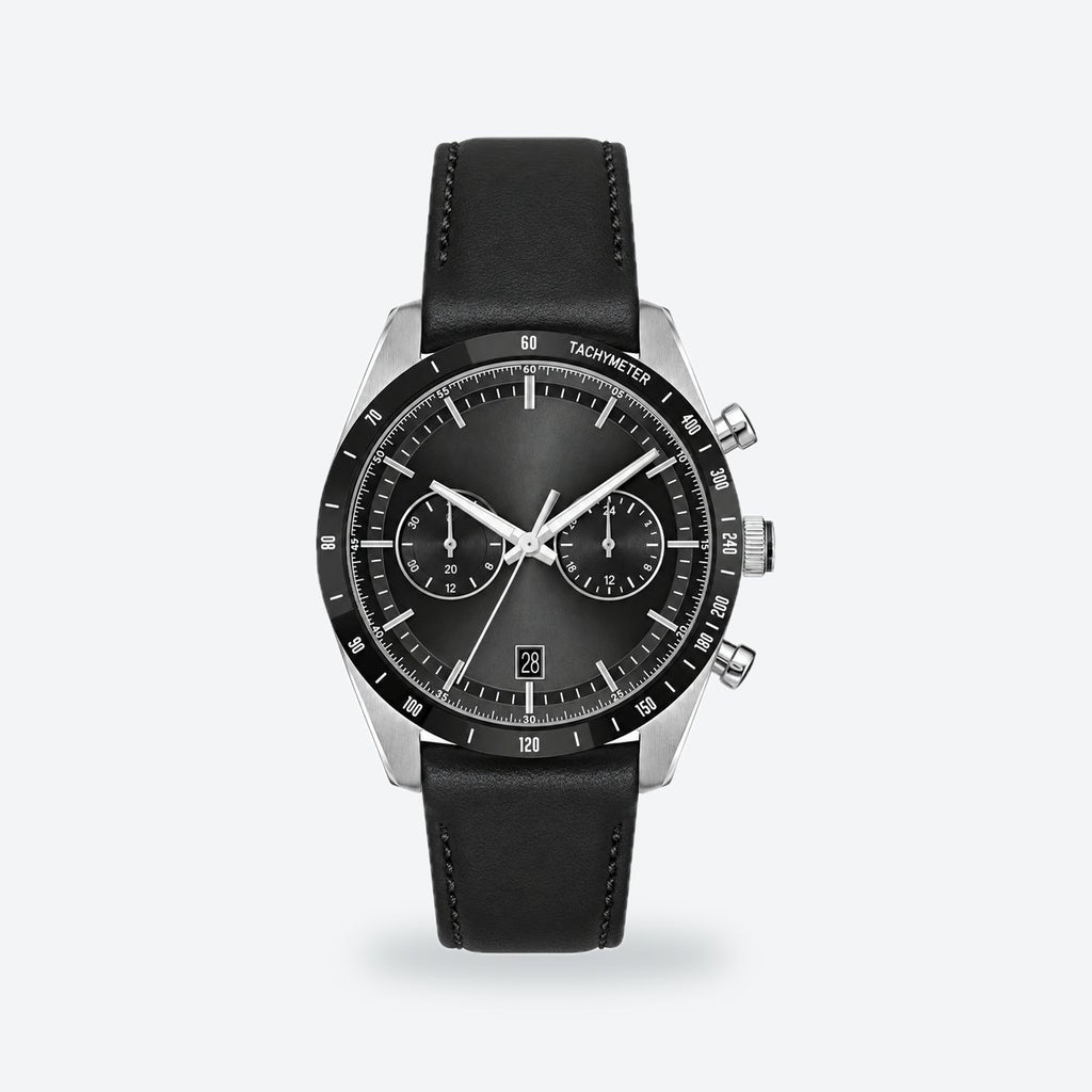 Men's 41mm Black Dial Watch, Leather Strap, Black dial / Black